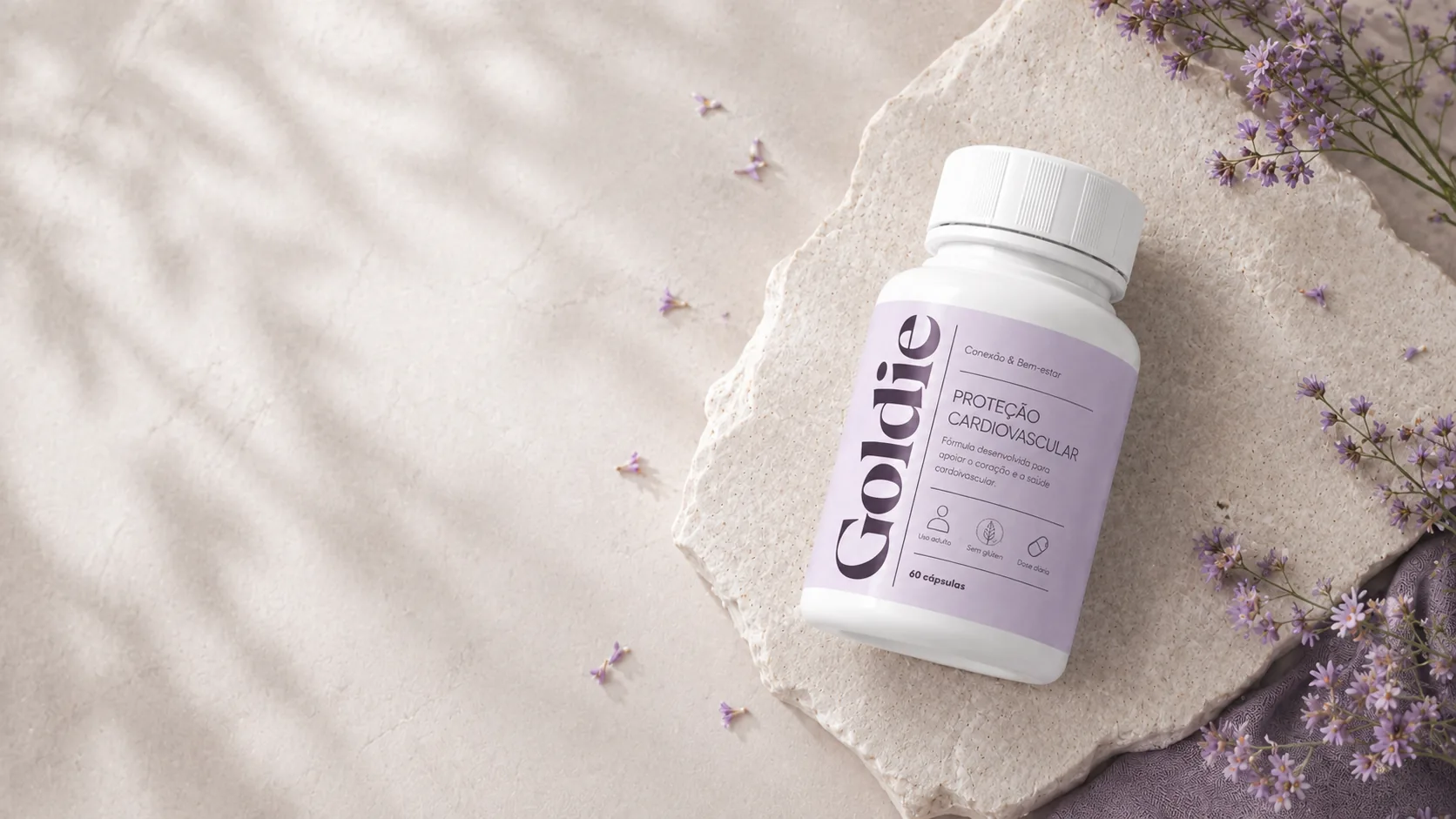 Frasco Goldie Proteção Cardiovascular deitado sobre pedra clara com flores lilás