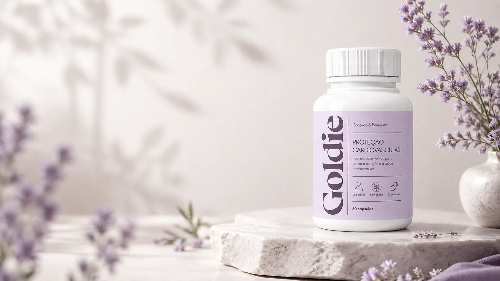 Frasco Goldie Proteção Cardiovascular em pedestal de mármore com lavandas