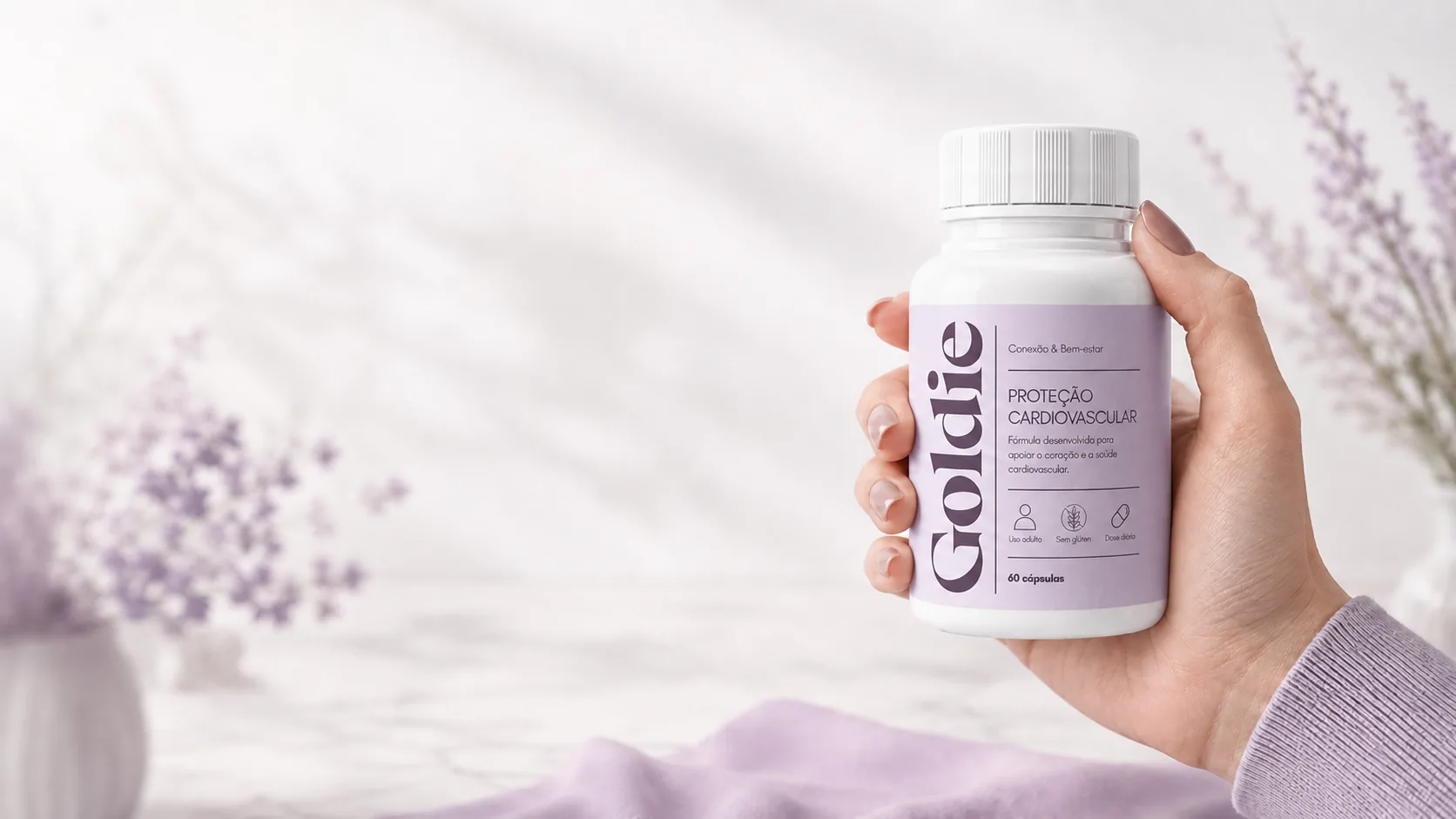 Mão segurando frasco Goldie Proteção Cardiovascular em ambiente claro com lavandas